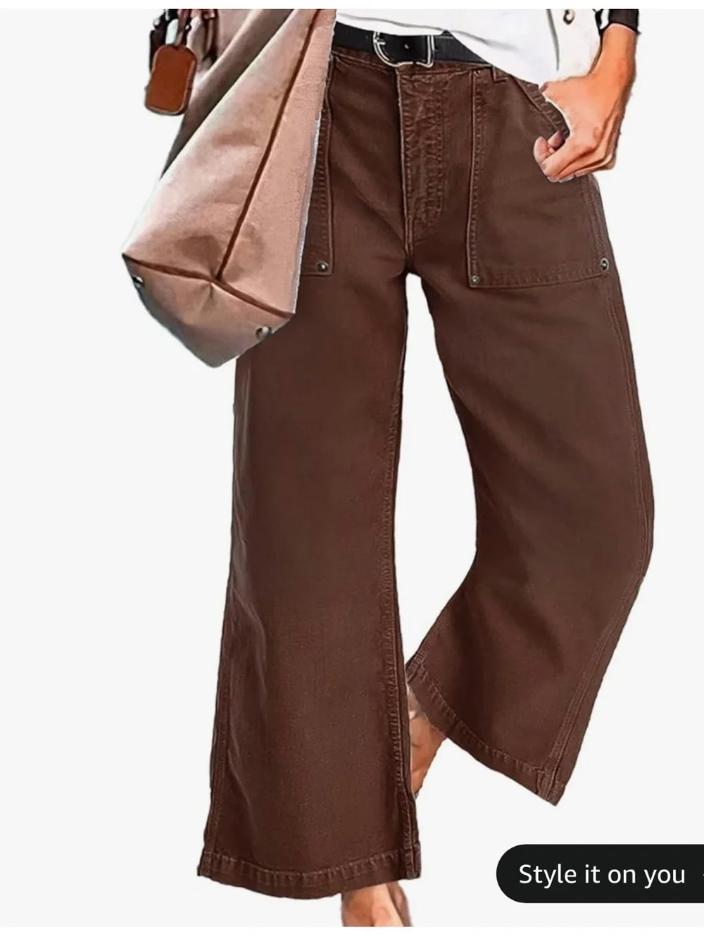 Flamingals Flap Pocket Back Mid Waist Wide Leg Crop Pants in Brown - Picture 2 of 8